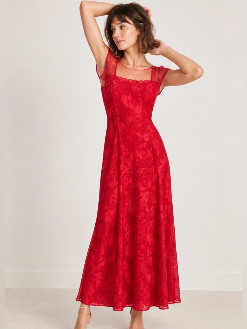 Vintage NWT Victoria’s Secret Red Floral Jacquard Maxi Gown Dress Y2K Mesh M